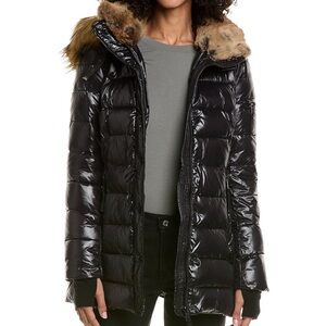 NWOT S13 Chelsea Women's Black Shiny Puffer Jacket with Faux Fur Trim